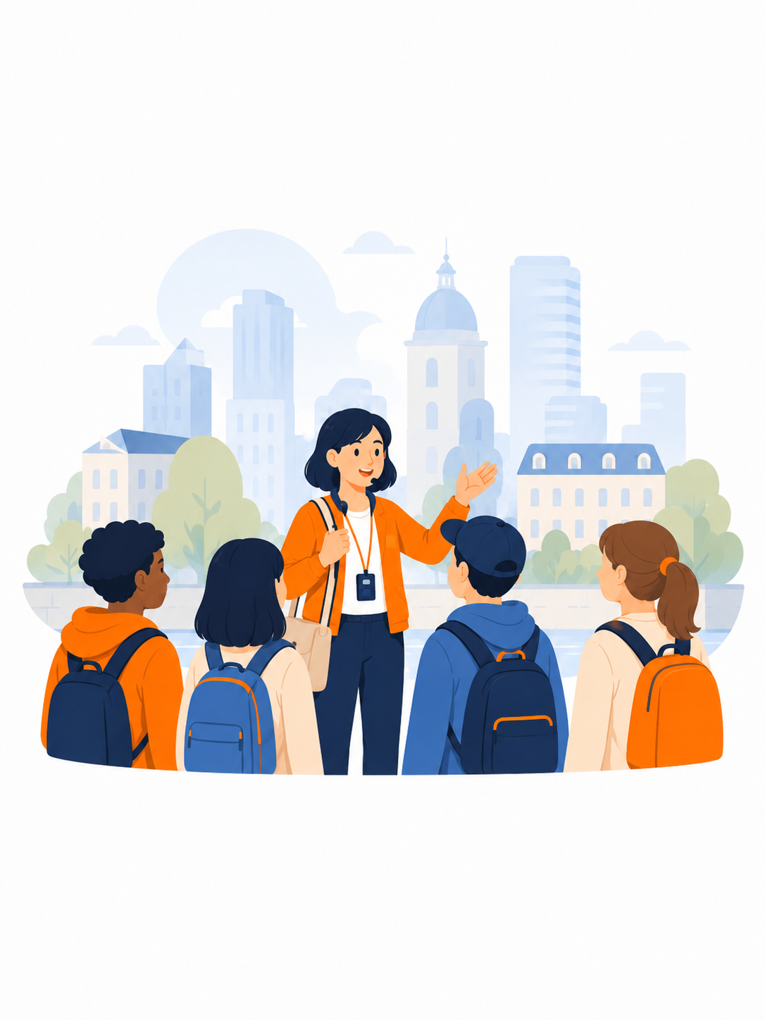 Classe en visite guidée dans une ville